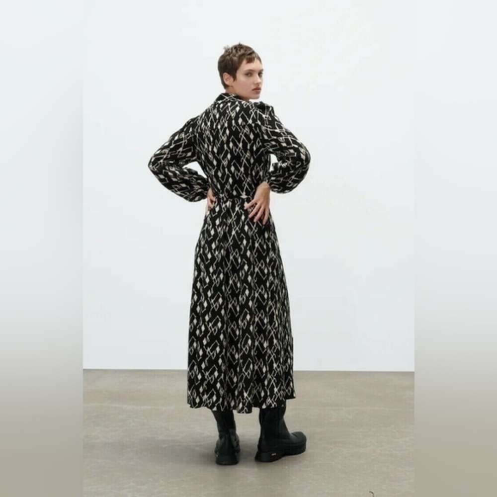 ZARA BLACK ECRU GEOMETRIC PRINTED Collared Maxi LONG SHIRT DRESS SIZE Small 4 6